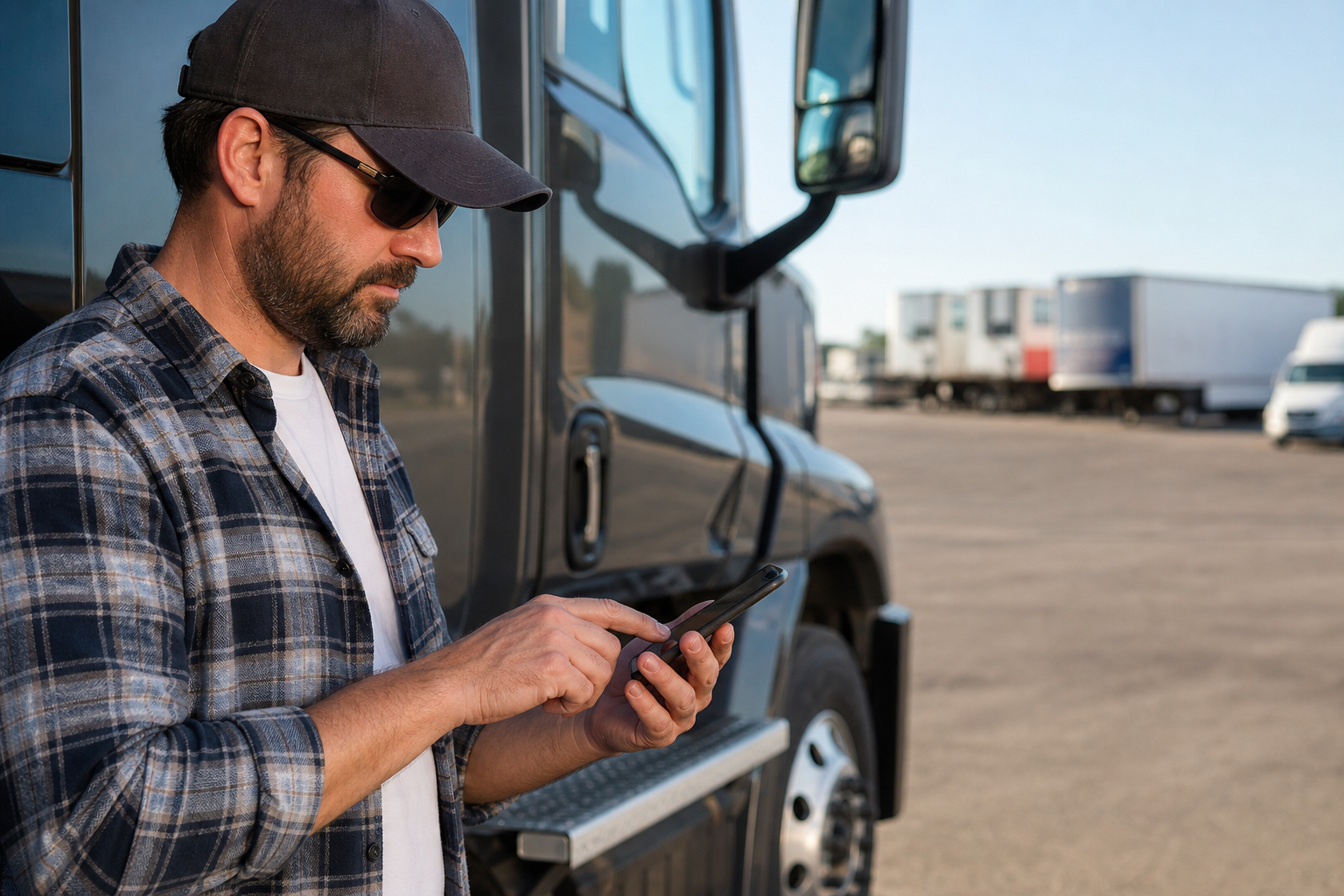 Driver using a phone beside a parked semi truck in a truck parking yard