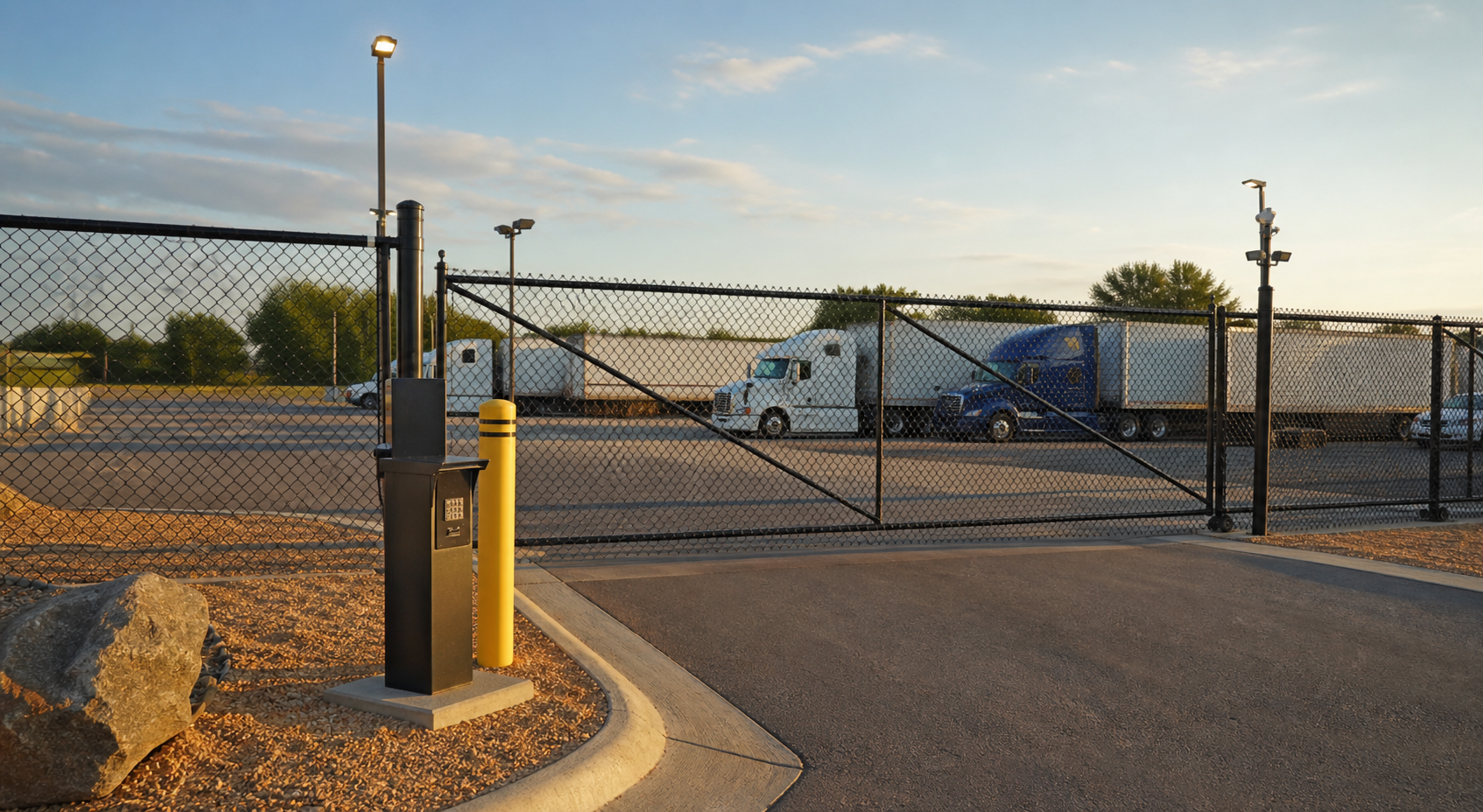 Gated truck parking entrance with access control and trailers inside the yard