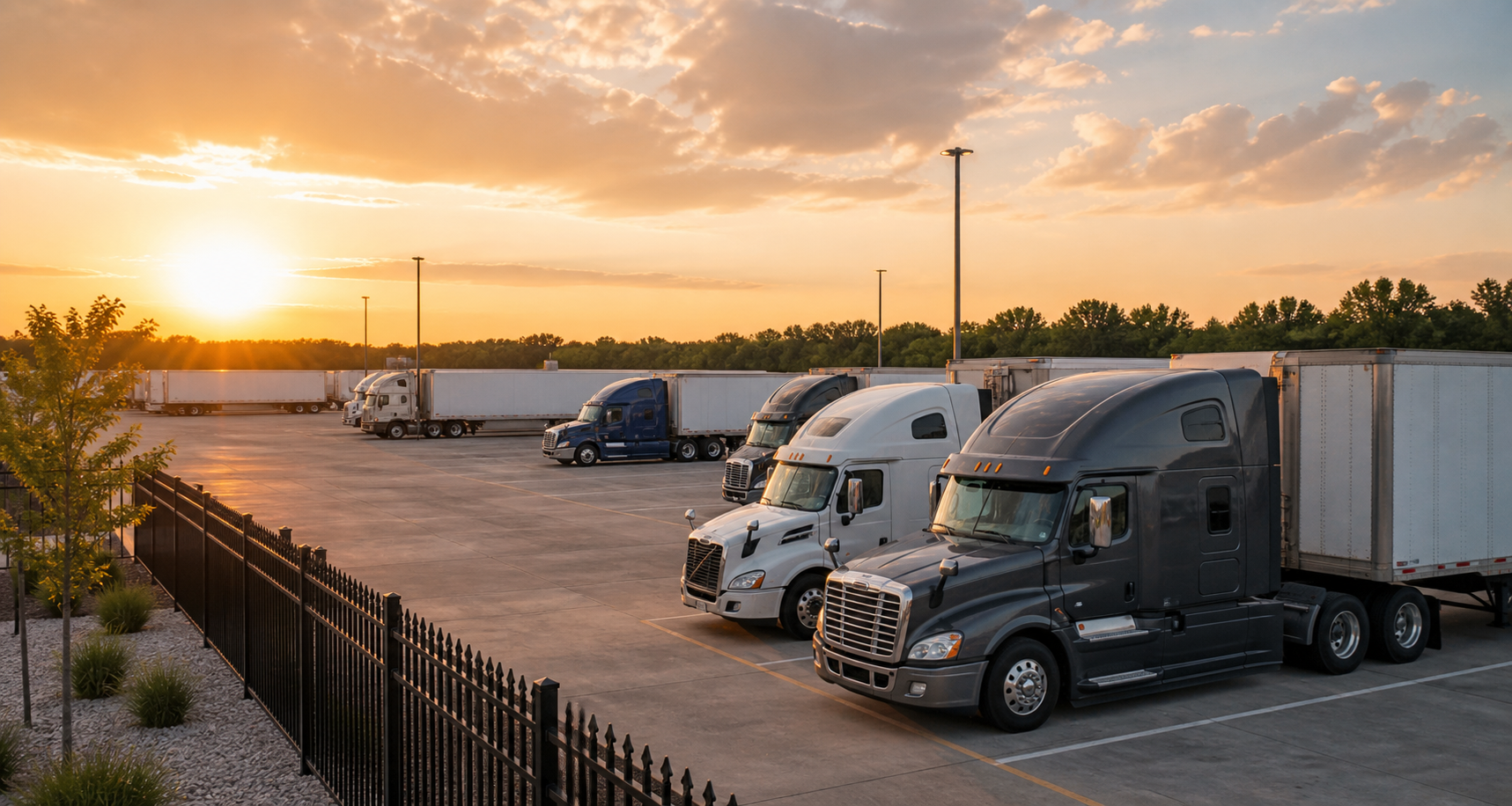 Long-term semi truck and trailer parking spaces in a secure yard