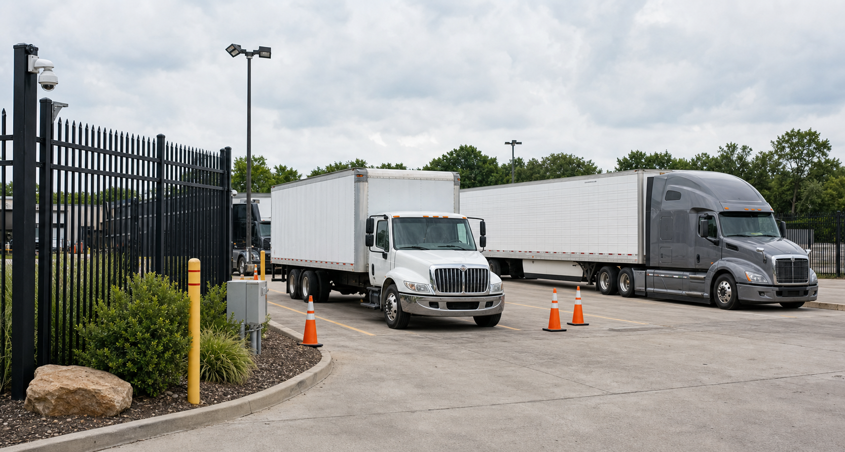 Truck parking service area with secure fencing and commercial vehicles