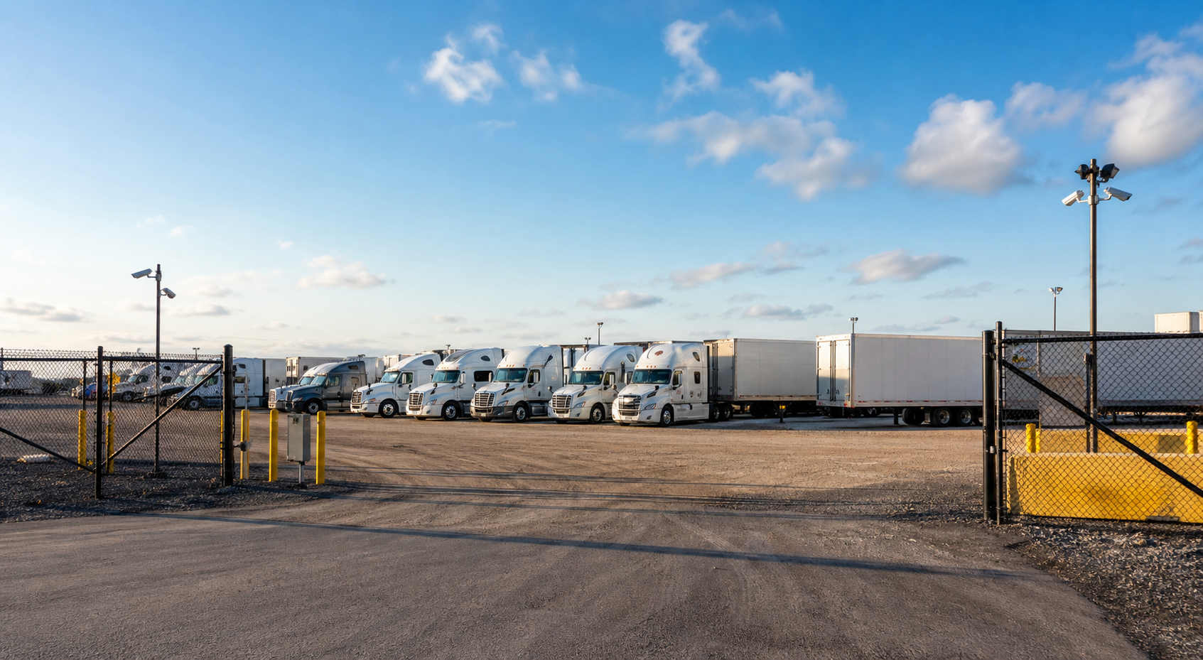 Rows of semi trucks parked in a secure commercial truck parking yard
